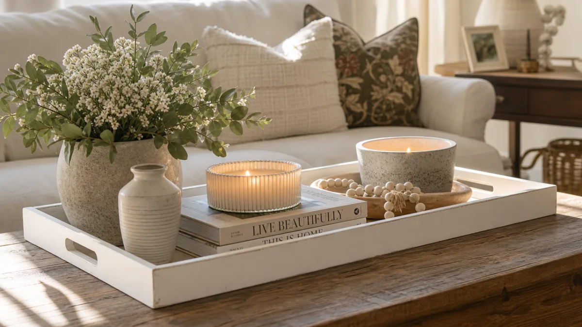 a beautifully styled coffee table with a white painted tray holding candles…