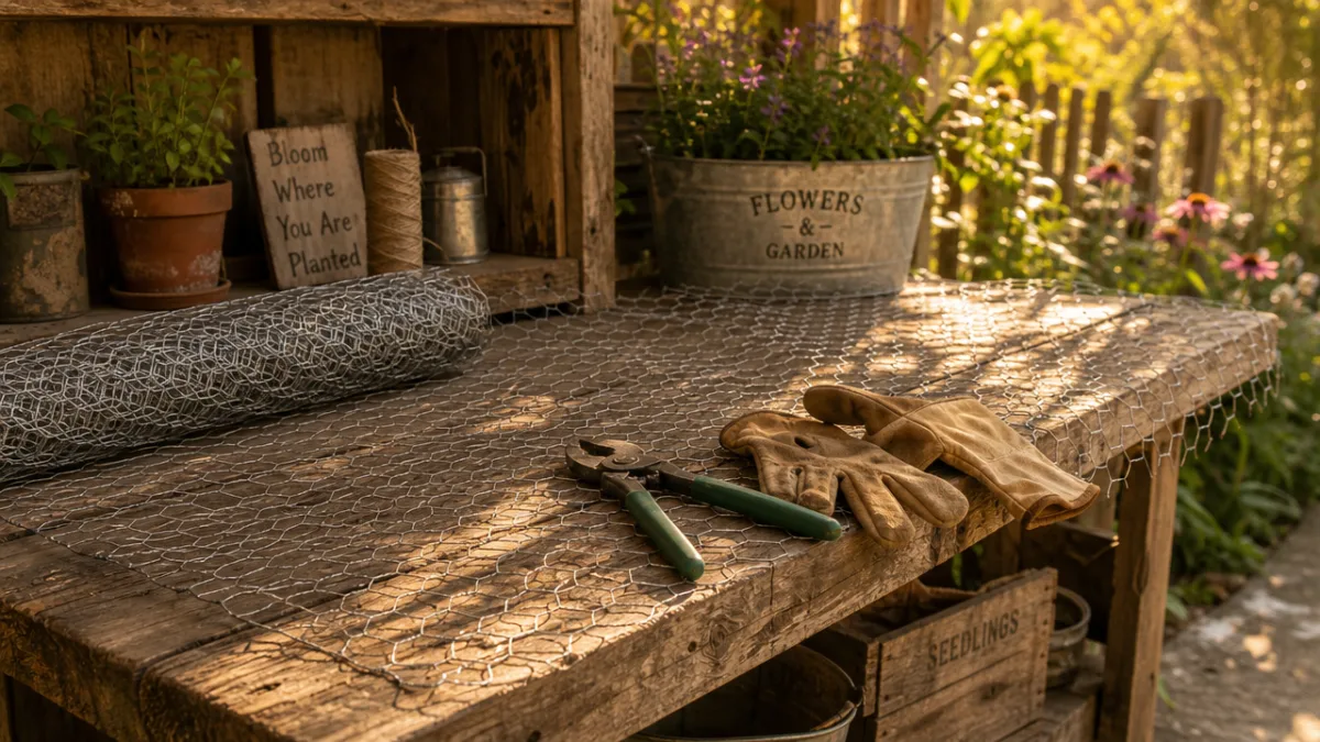 a rustic garden workbench covered with chicken wire, wire cutters, and gloves,…
