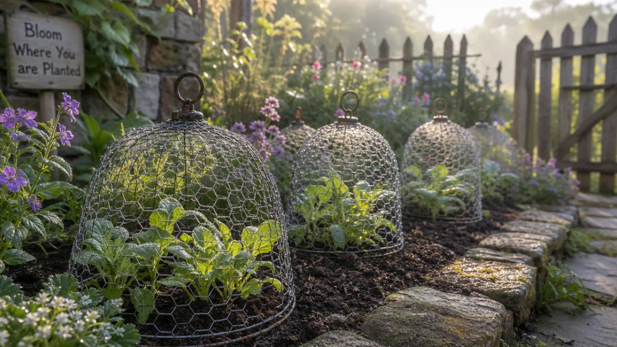 a cottage garden bed with several handmade chicken wire cloches over green…