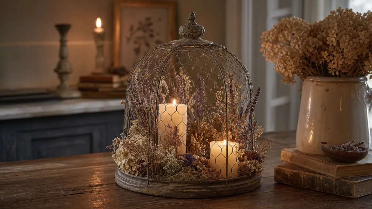 an elegant indoor vignette with a chicken wire cloche over candles and…