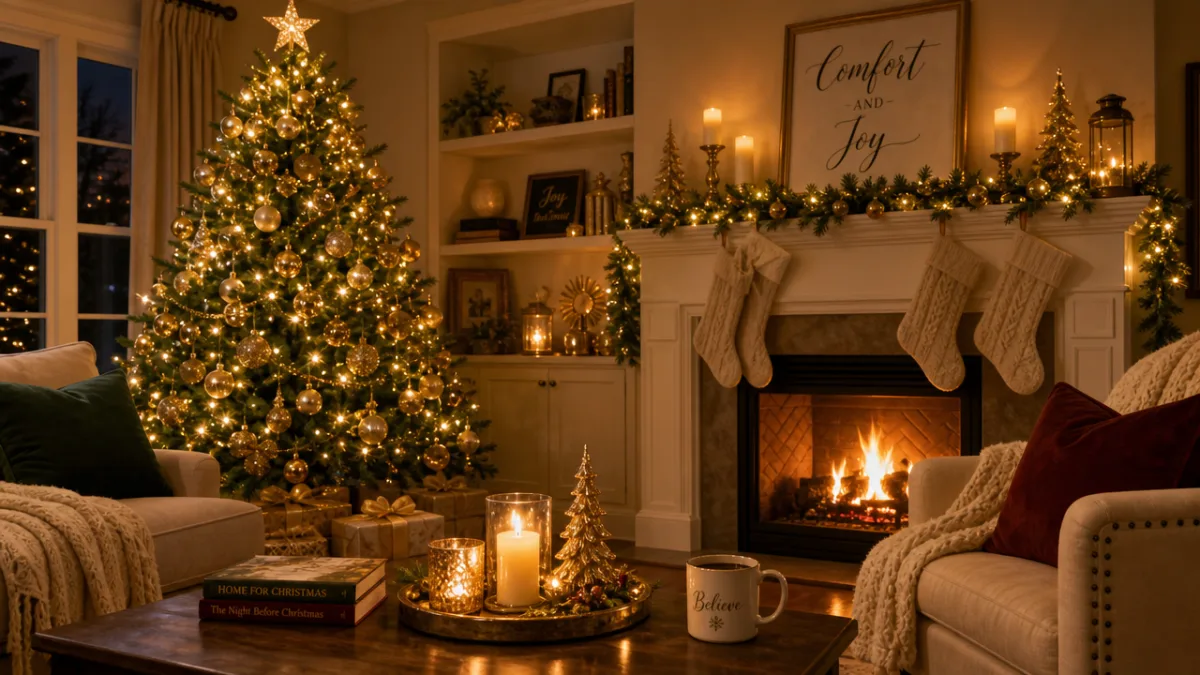 a warmly lit living room adorned with a glowing Christmas tree, gold…