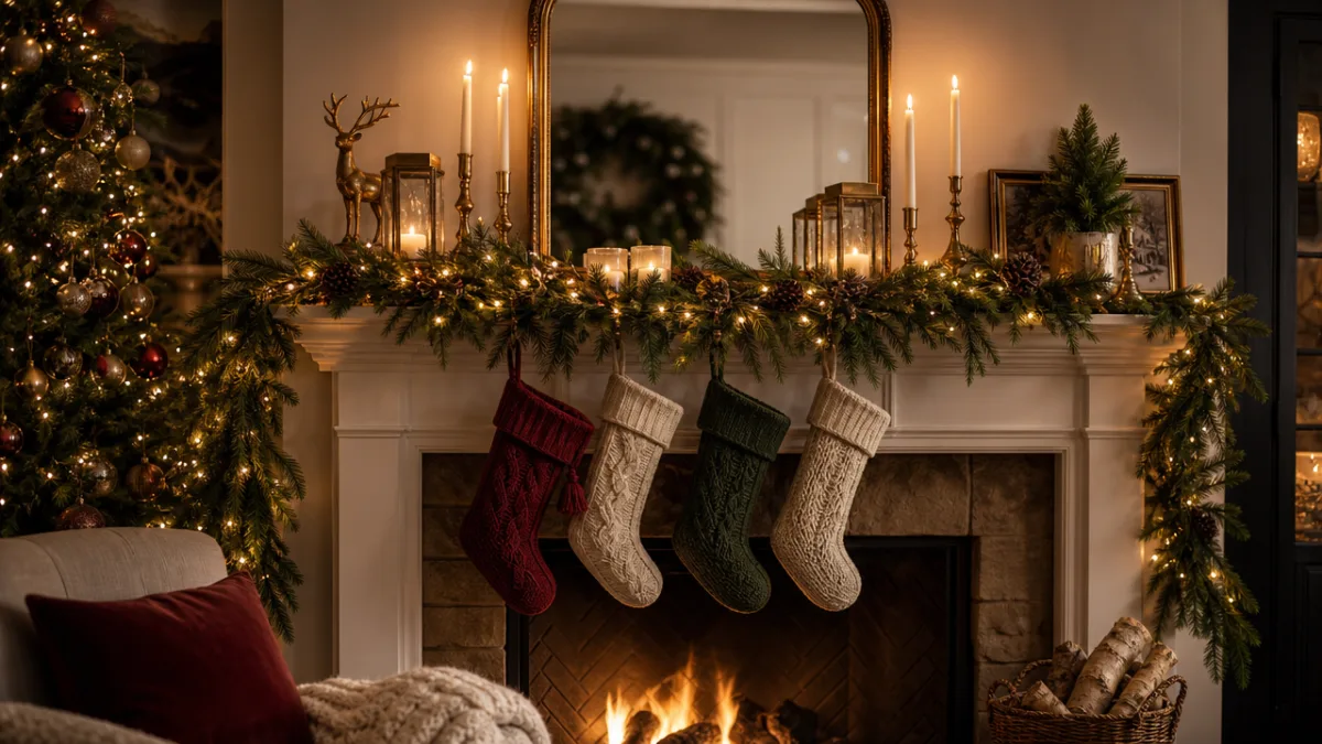 a beautifully styled fireplace mantel with garland, candles, and stockings in warm…