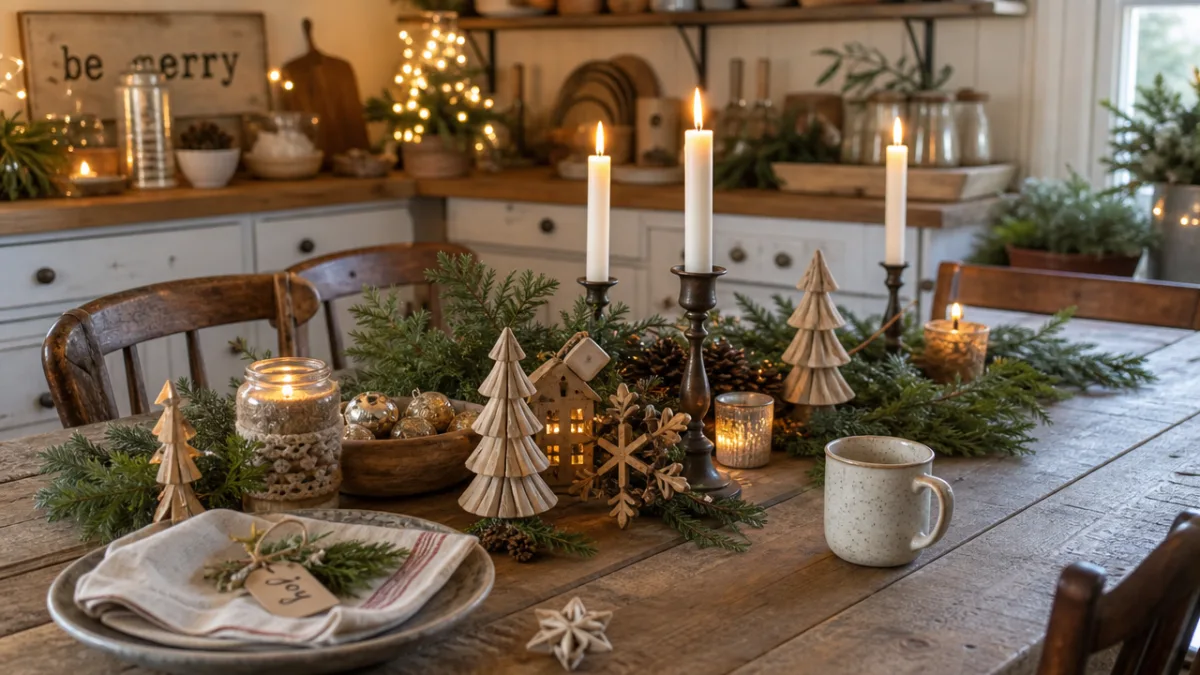 a rustic farmhouse kitchen table with handmade Christmas decorations, natural greenery, and…