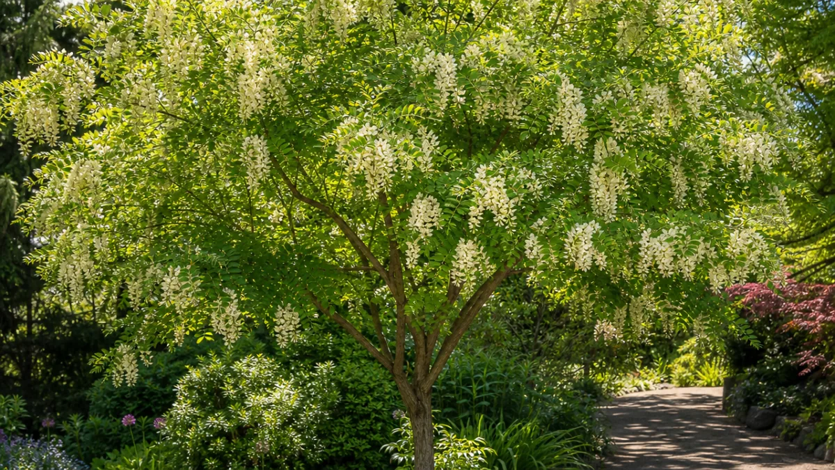 Amur Maackia tree in full summer bloom with creamy white flower clusters,…