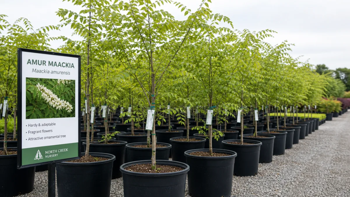 a professional nursery display of young Amur Maackia trees in containers, bright…
