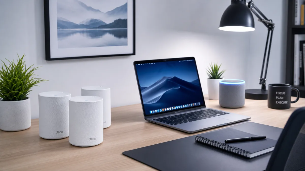 a clean home office desk with a mesh Wi-Fi router and a…