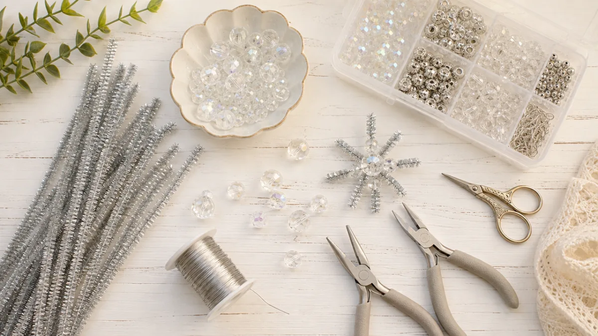 a flat lay of craft supplies including silver pipe cleaners, crystal beads,…