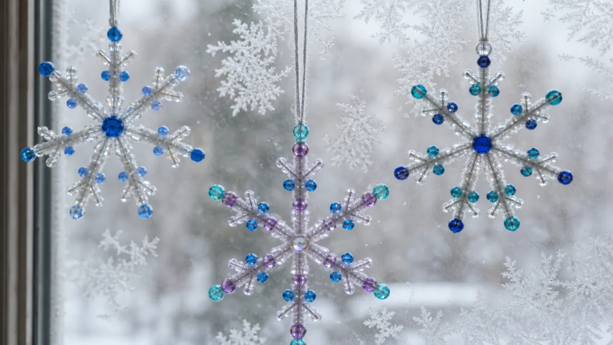 a close-up of finished beaded pipe cleaner snowflakes hanging in a frosty…