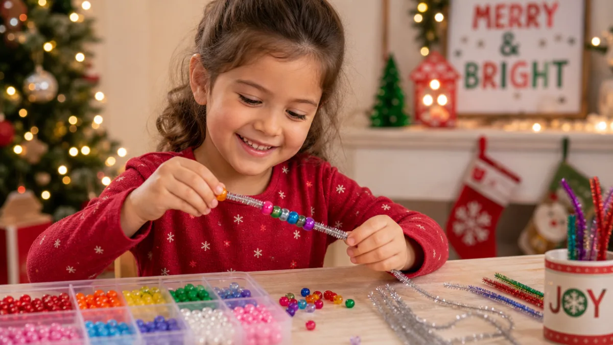 a cheerful child threading bright beads onto a silver pipe cleaner at…