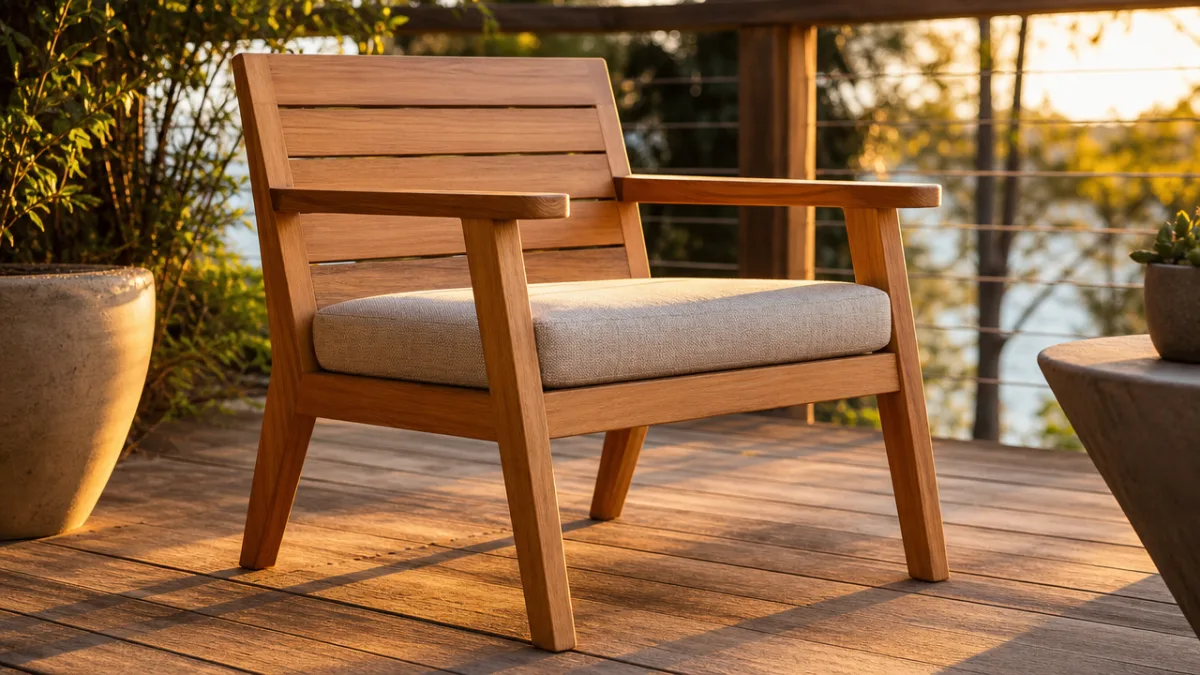 a finished modern wood patio chair outdoors on a sun-drenched deck, golden…