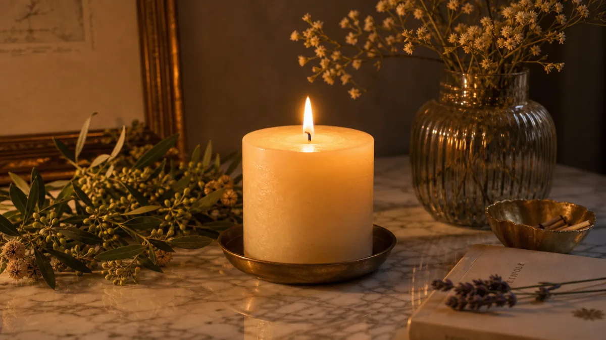 a lit pillar candle glowing warmly on a marble surface beside botanicals,…