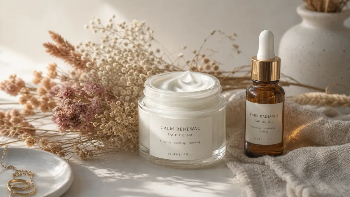 a glass jar of face cream beside dried florals and a small…