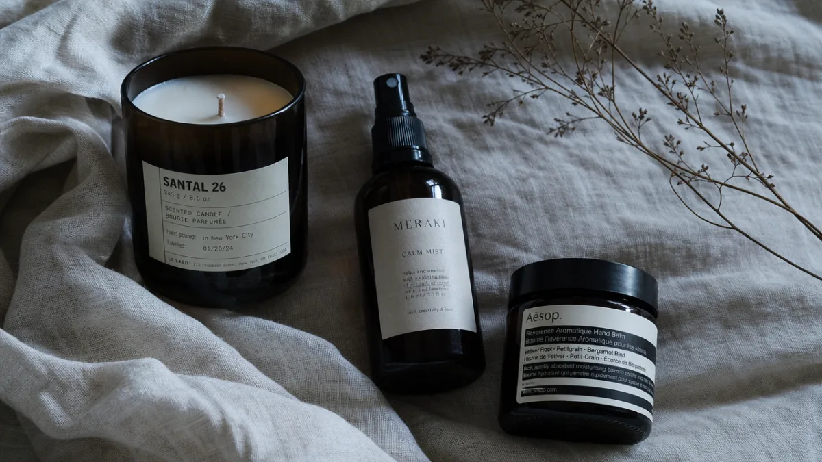 a flat lay of candle, mist bottle and cream jar arranged on…
