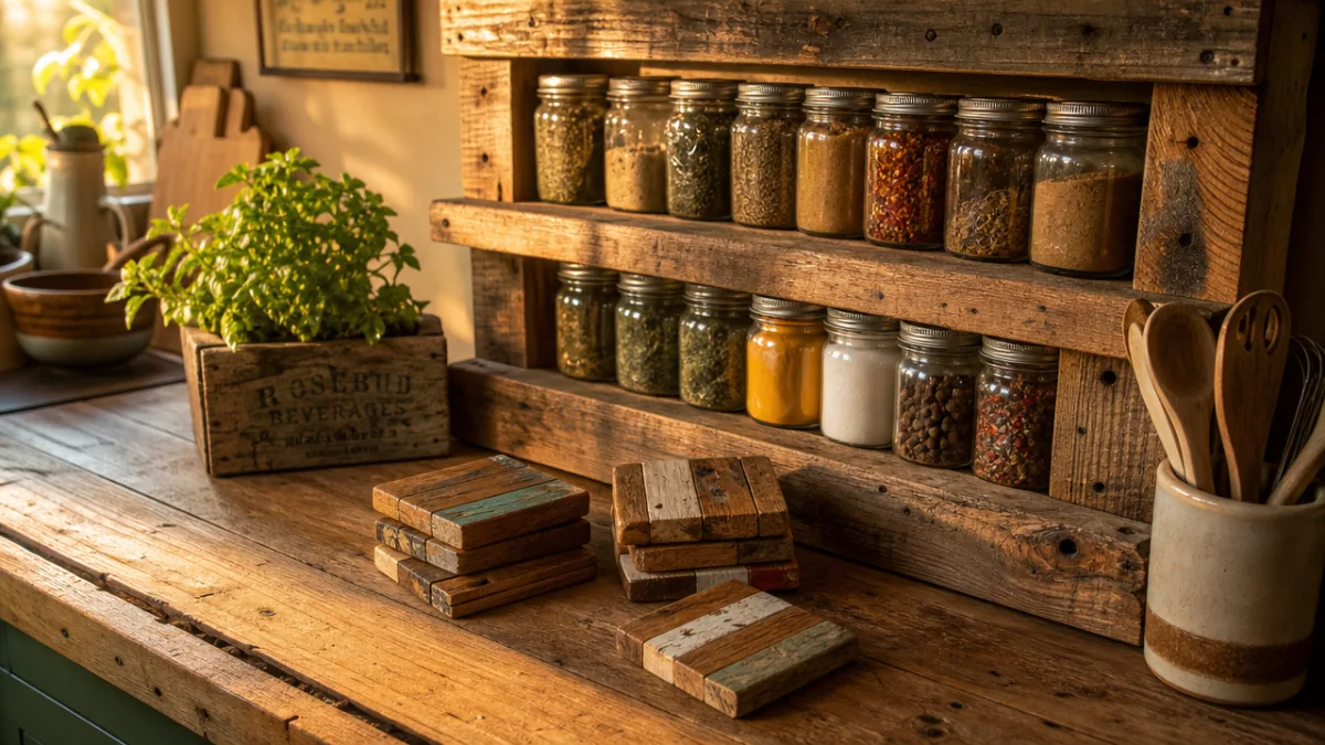 a rustic wooden kitchen counter with handmade scrap wood coasters and spice…