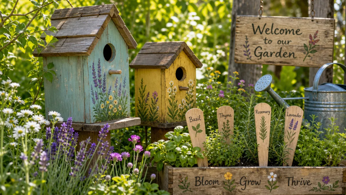 a sunlit garden scene featuring handmade wooden birdhouses and plant markers surrounded…