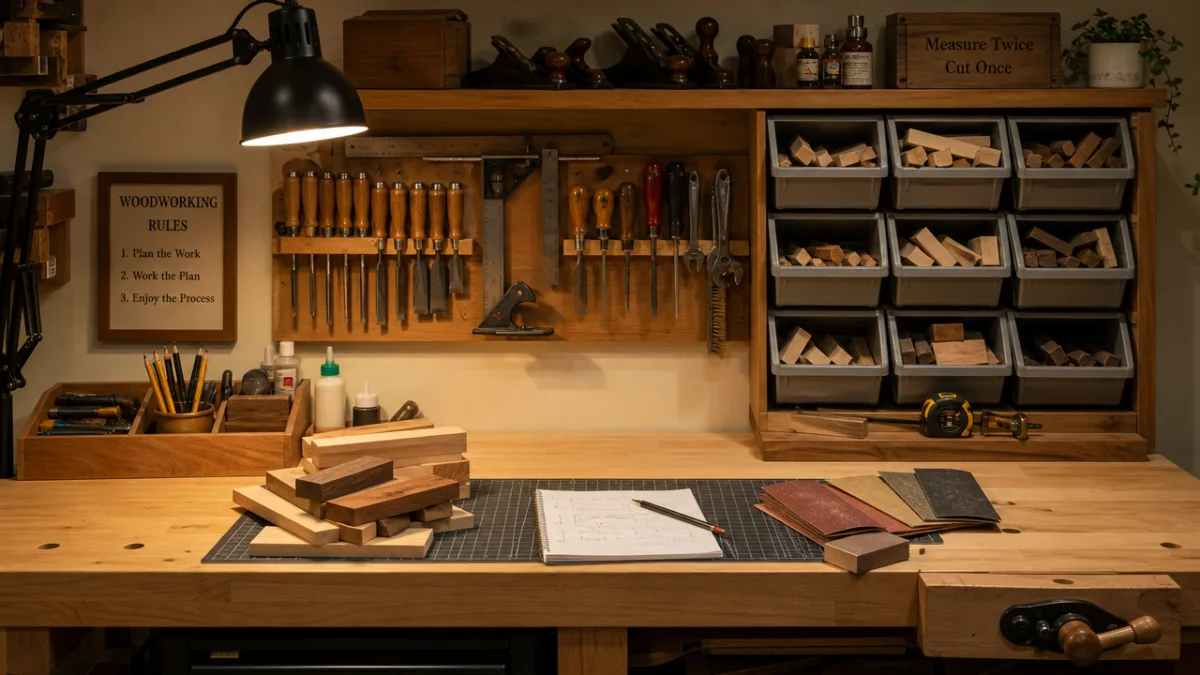 a tidy workshop bench with organized scrap wood pieces, tools, and sandpaper…