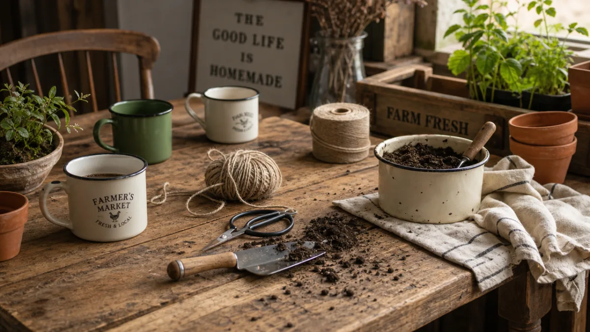 a rustic wooden farmhouse table covered with enamel mugs, twine, tools, and…