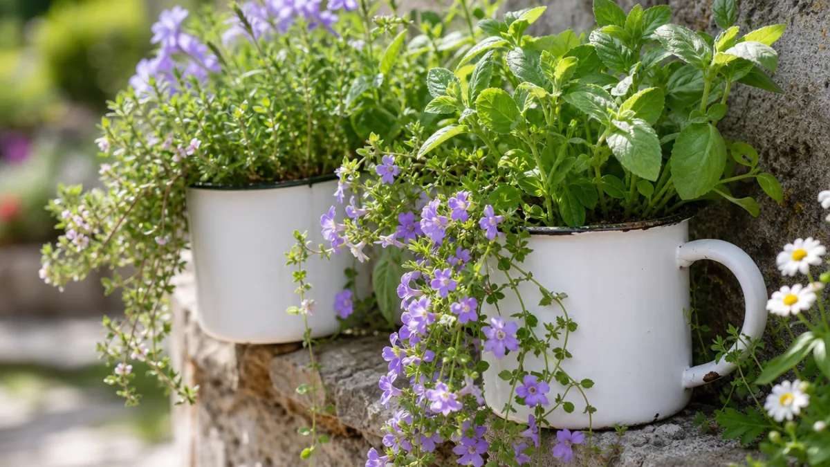 close-up of lush herbs and trailing flowers spilling from white enamel mugs…