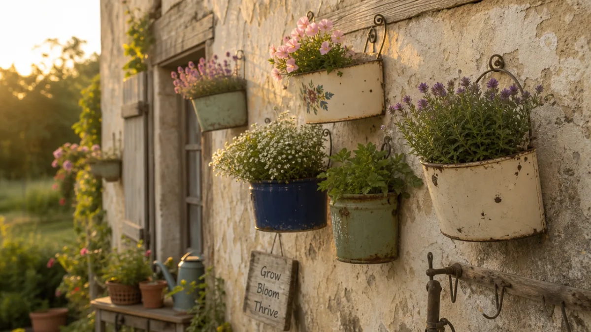 a weathered farmhouse garden wall with hanging enamel planters full of flowers…