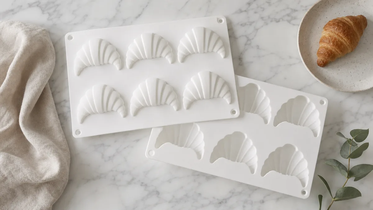 a flat lay of white silicone croissant molds on a marble surface…