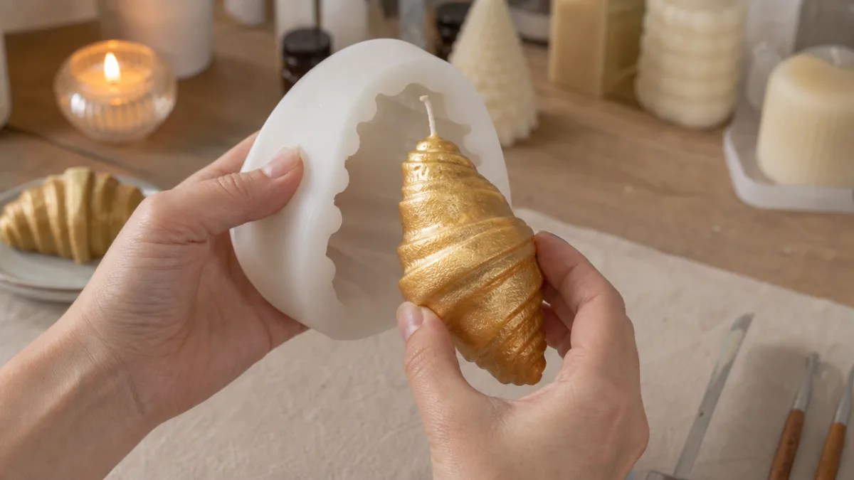 hands carefully demolding a golden croissant-shaped candle from white silicone, soft workshop…