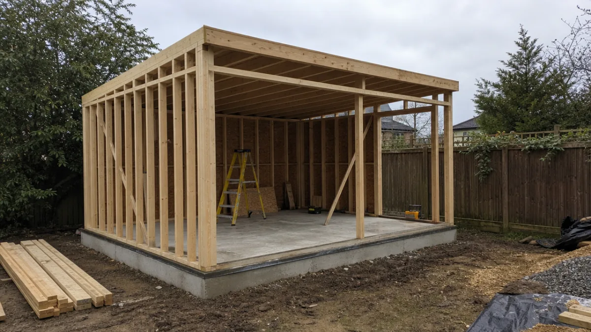 a timber garden room under construction with fresh concrete foundations and framing…