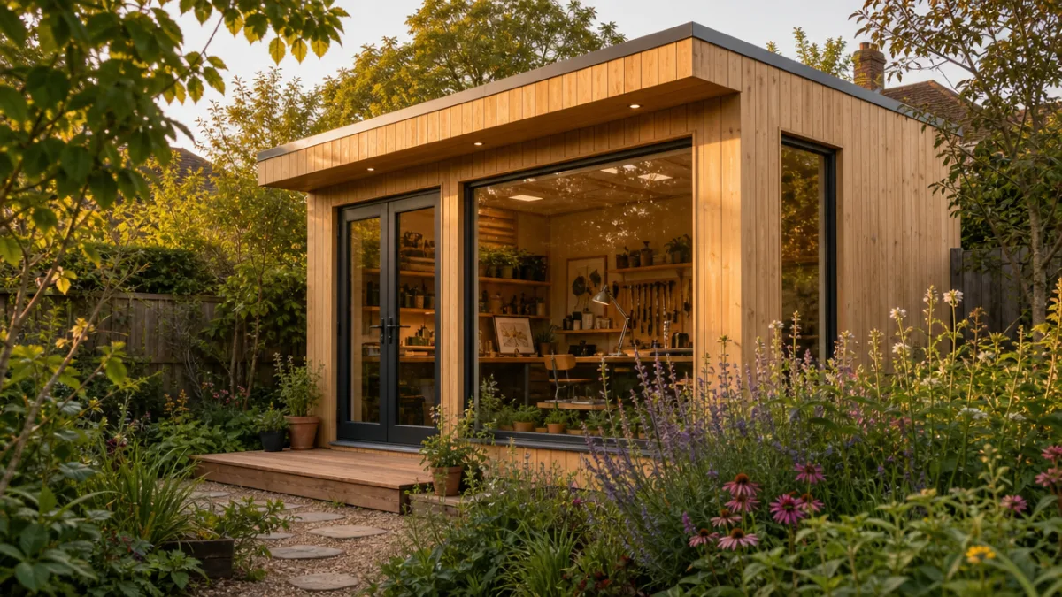 a nearly completed modern timber-clad garden workshop with large windows, surrounded by…