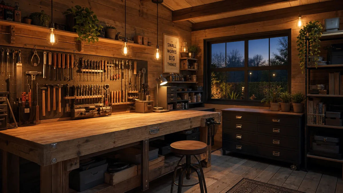 a beautifully finished garden workshop interior with wooden workbench, organised tool storage,…