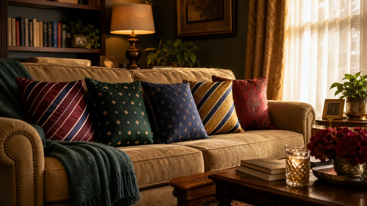 a cozy living room with decorative necktie pillows arranged on a sofa,…