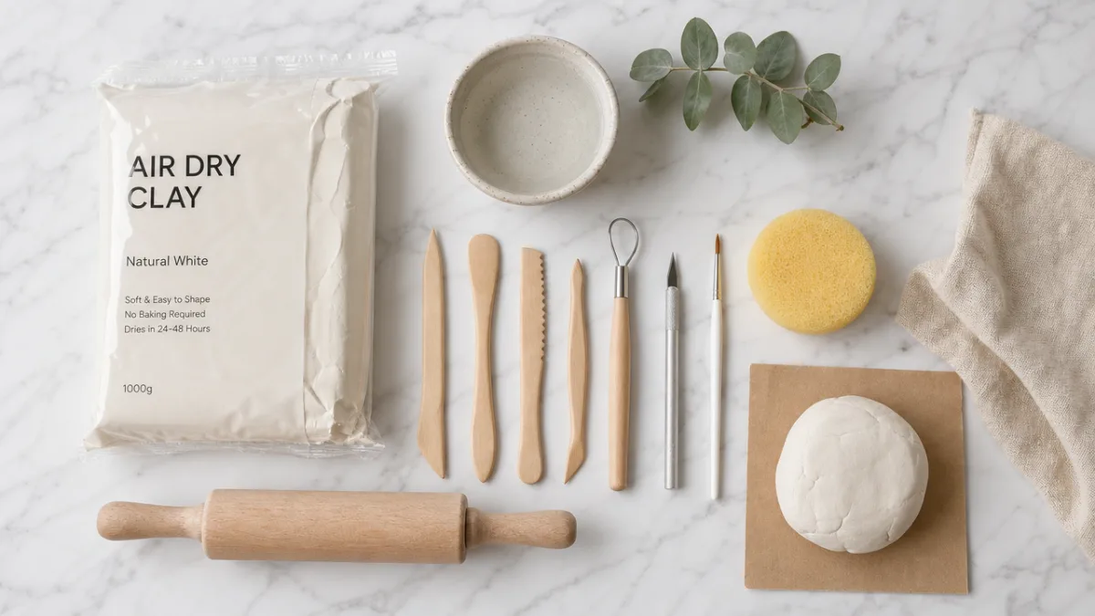 flat lay of air dry clay tools and materials on a white…