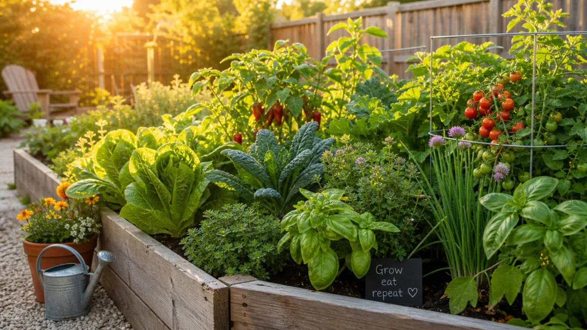 a sunlit backyard raised garden bed filled with lush vegetables and herbs,…