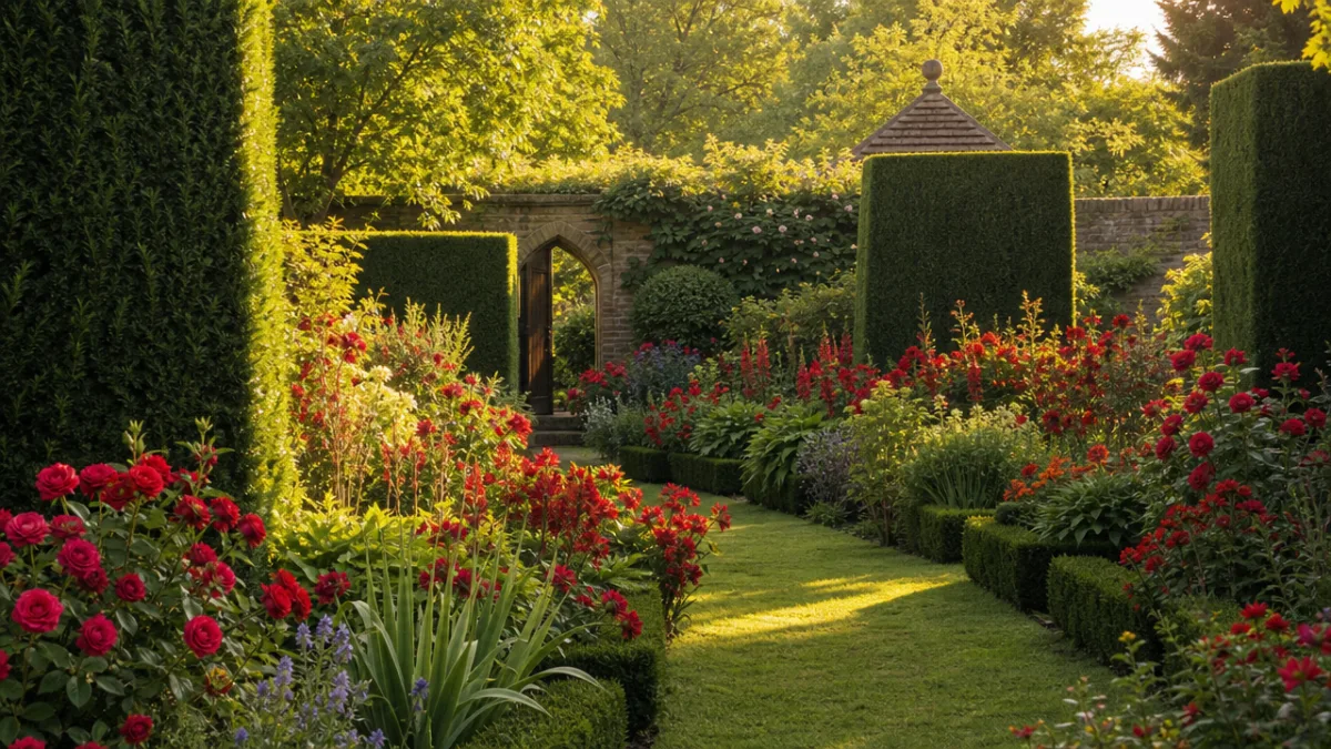 a lush English garden with vibrant red borders and tall yew hedges,…