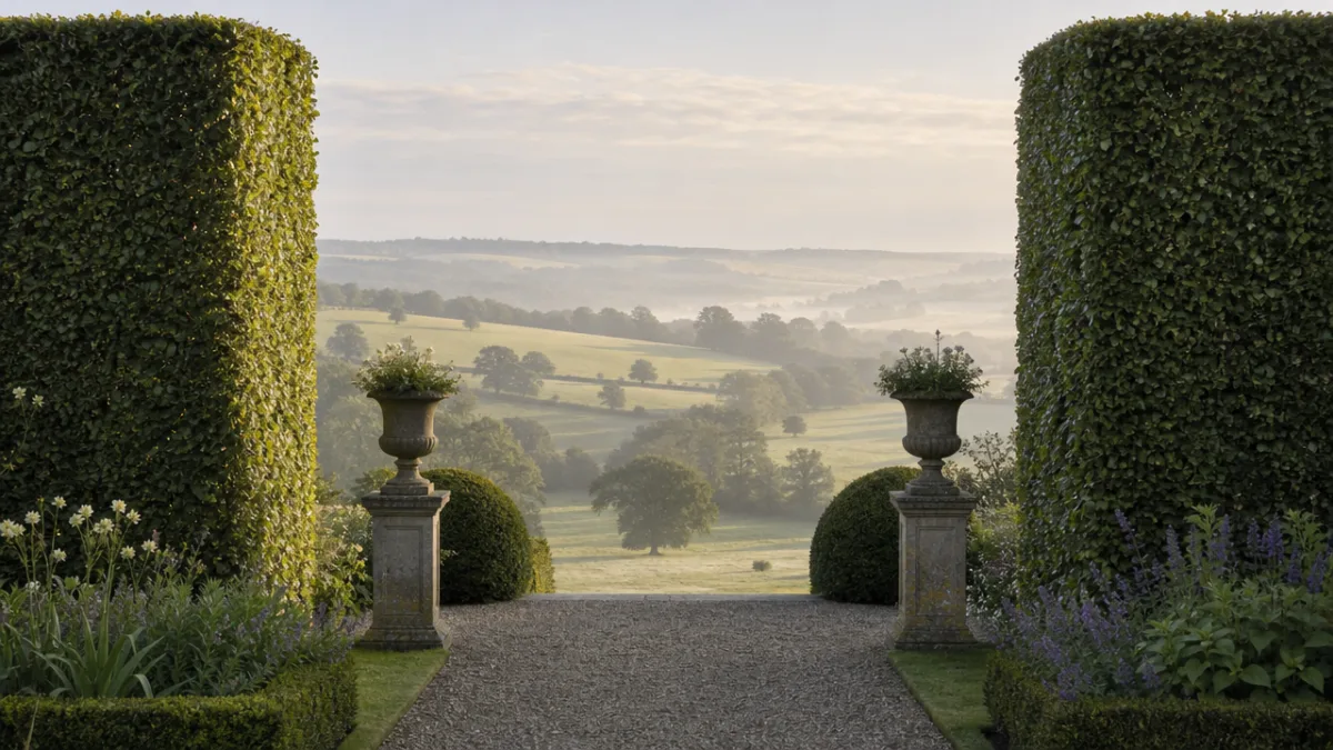 a formal garden path flanked by tall clipped hornbeam hedges opening to…