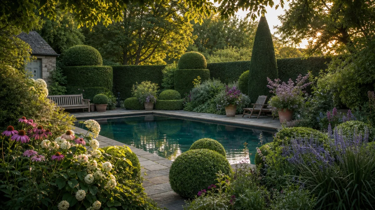 a serene English garden pool surrounded by clipped topiary and late summer…