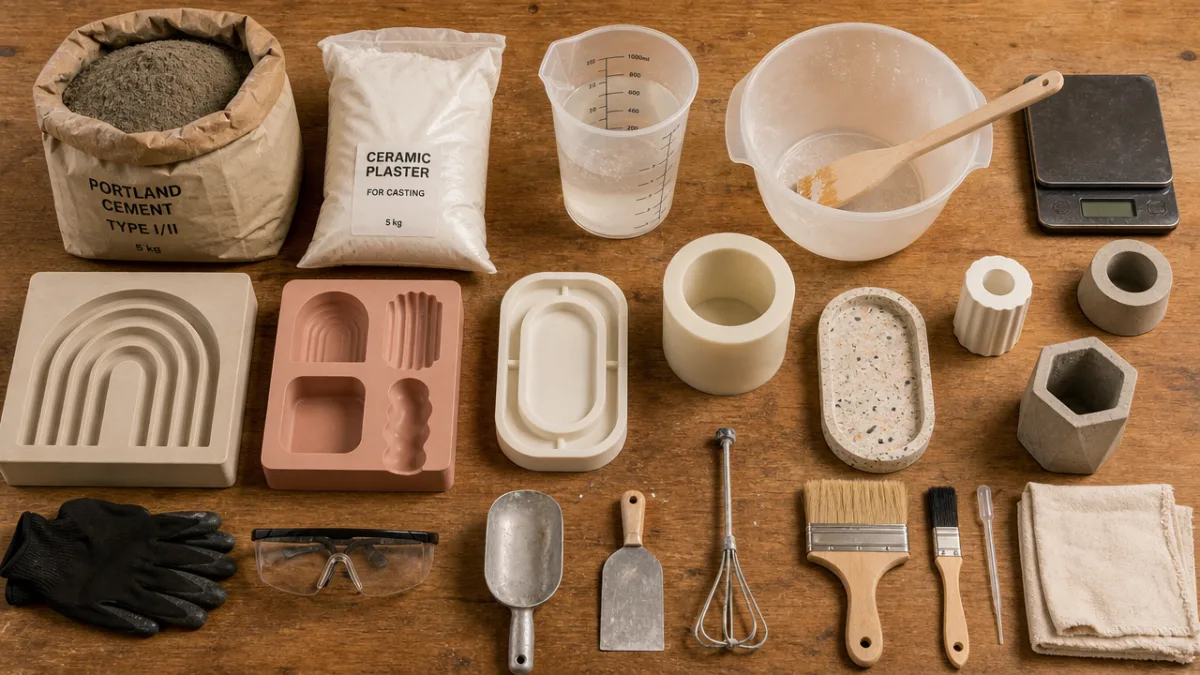 a flat lay of concrete and gypsum casting materials, silicone molds, and…