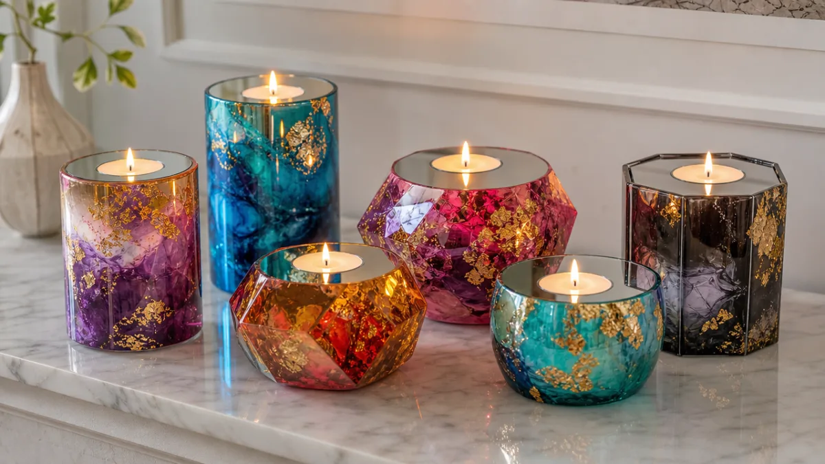 colorful epoxy resin candle holders with mirror surfaces arranged on a marble…