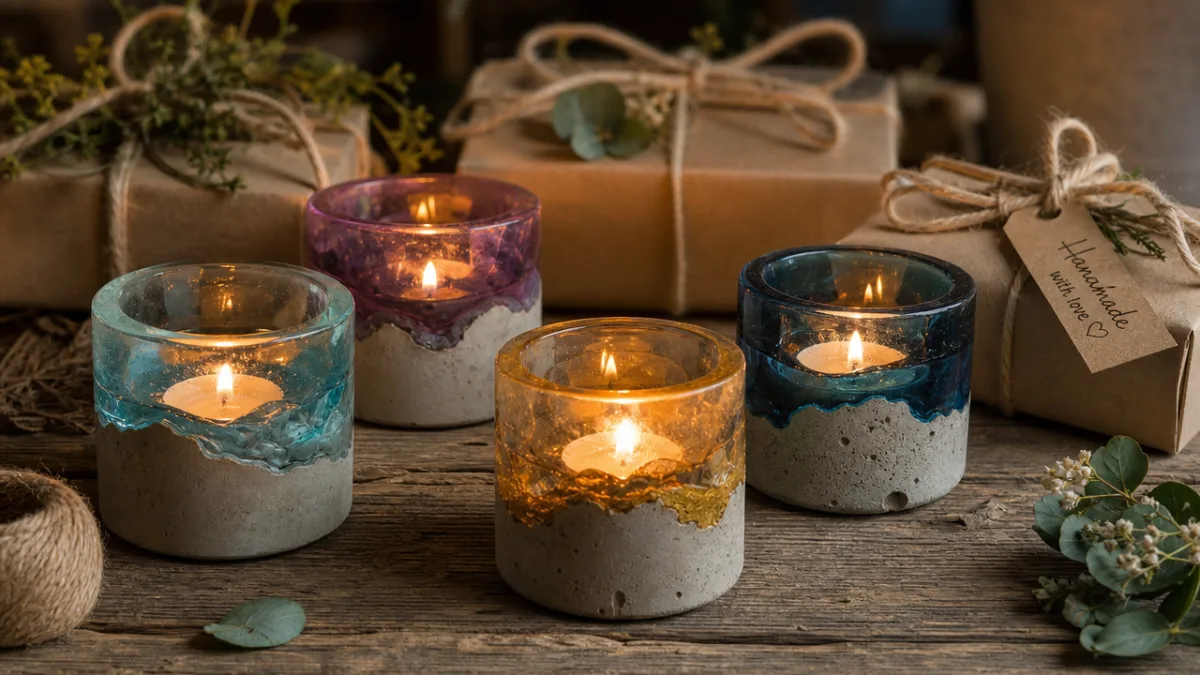 handcrafted concrete and resin candle holders arranged as gifts with natural ribbon…