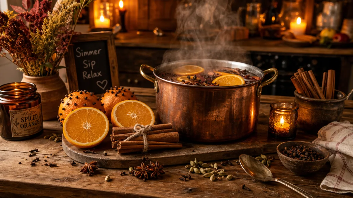 a rustic wooden kitchen counter with a steaming pot surrounded by cinnamon…