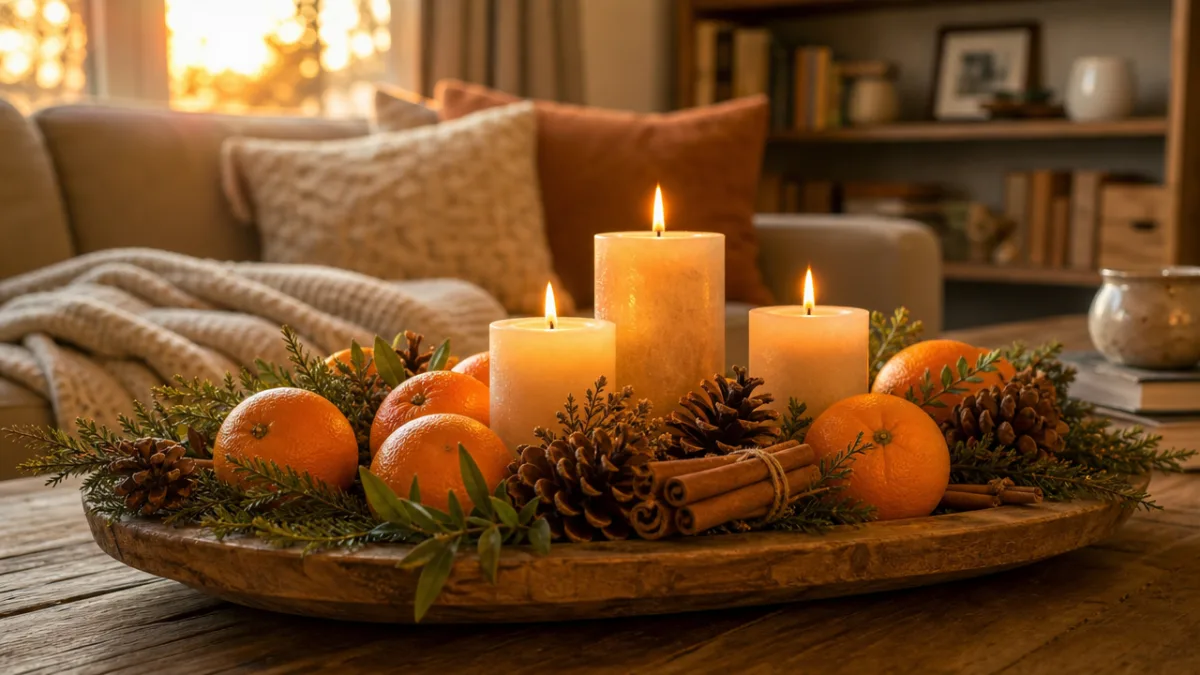 a cozy living room table centerpiece with oranges, cinnamon sticks, pinecones, and…