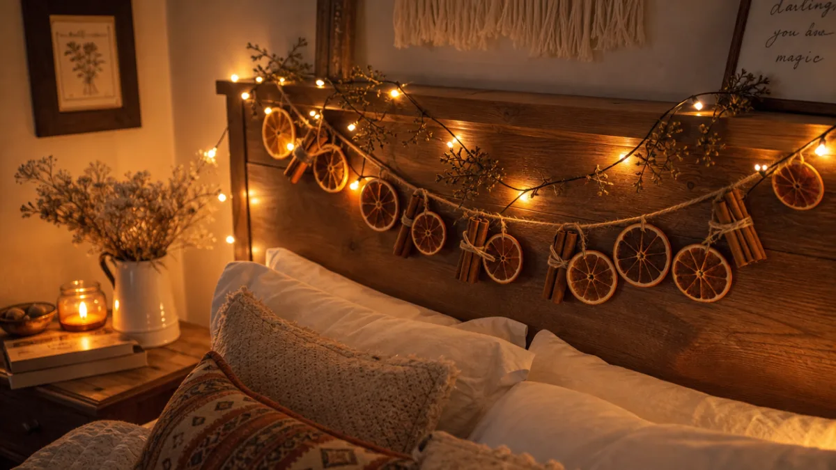 a cozy bedroom corner with dried orange garland, cinnamon stick bundles, and…