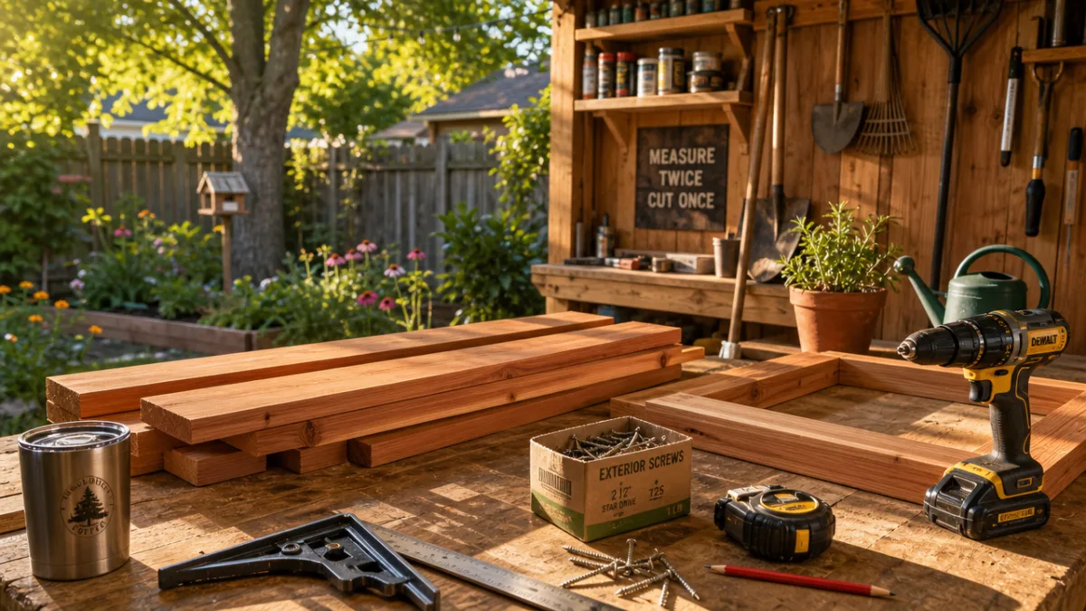 a sunlit backyard workshop with cedar lumber, screws, and garden tools laid…