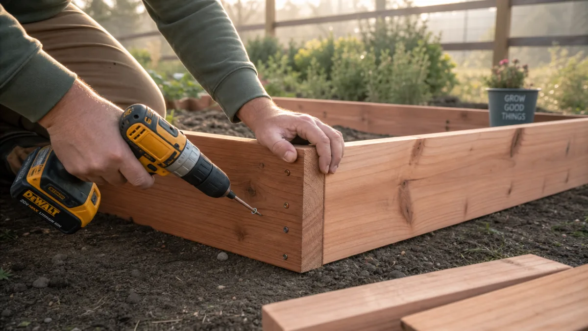 hands using a power drill to assemble cedar boards into a raised…
