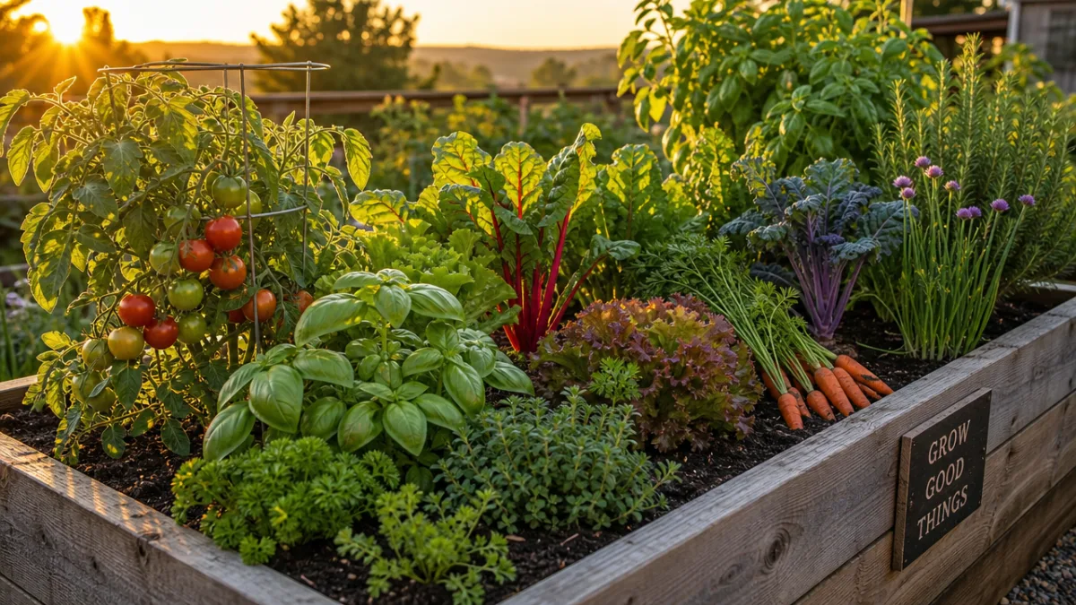a lush elevated garden bed filled with vibrant vegetables and herbs in…