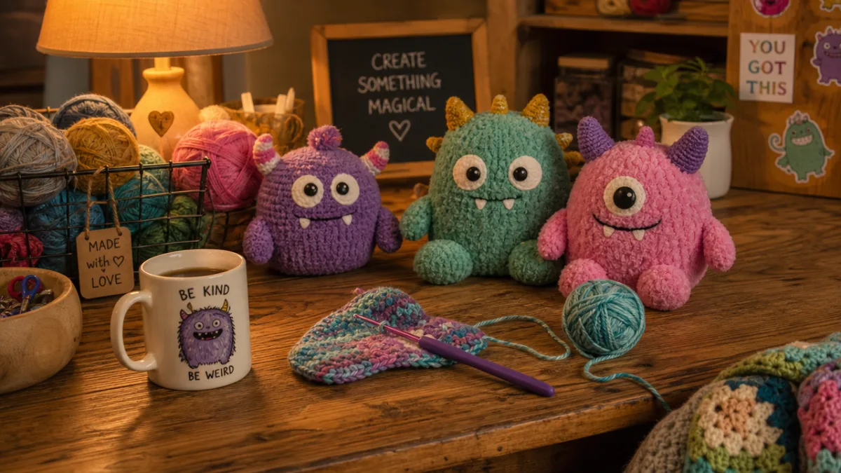 a cozy wooden craft table with colorful yarns, a crochet hook, and…