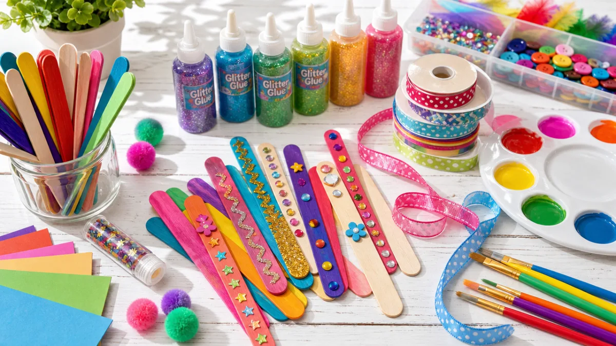 colorful craft supplies spread on a white wooden table including craft sticks,…