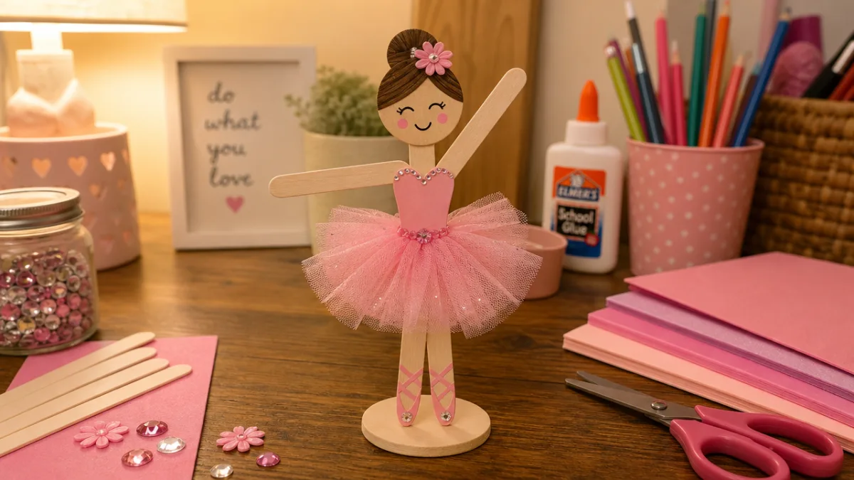 a charming craft stick ballerina figure with pink tutu on a wooden…
