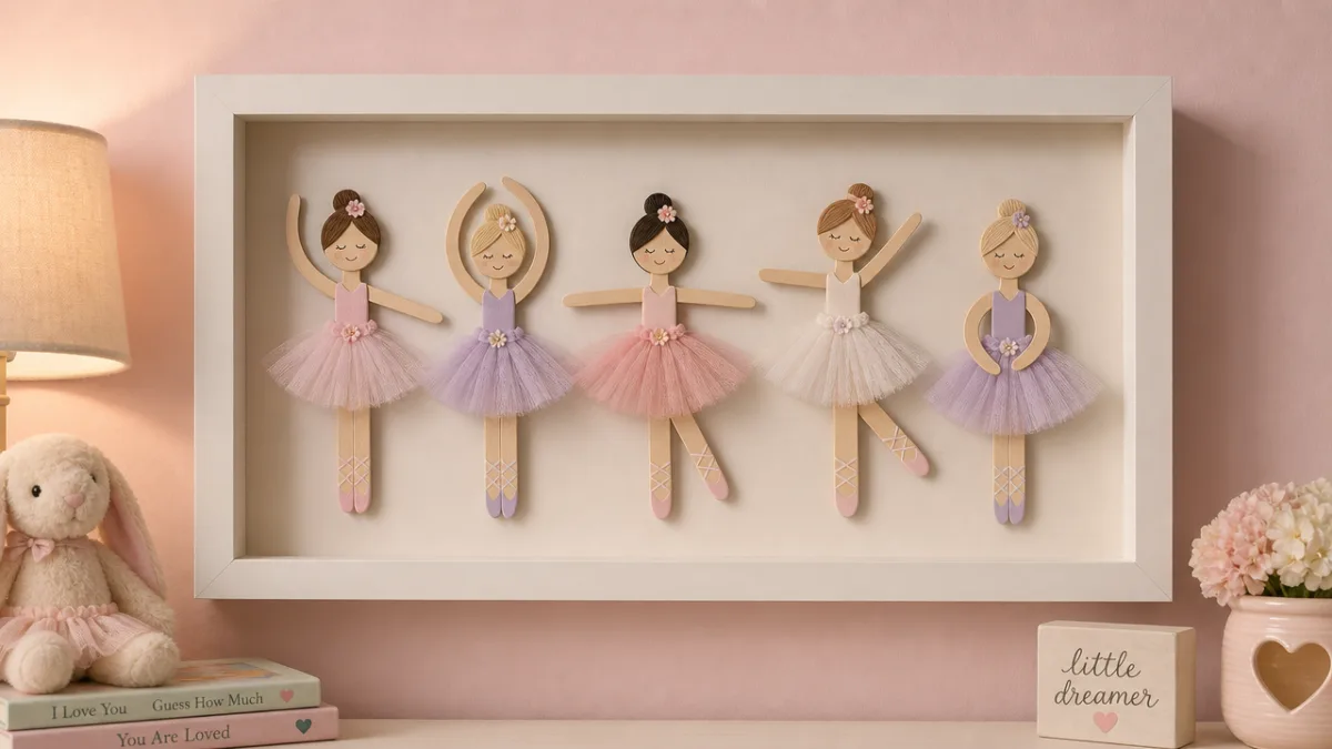 a group of craft stick ballerinas displayed in a shadow box frame…