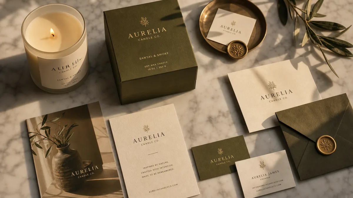 a flat lay of elegant candle branding materials on a marble surface,…