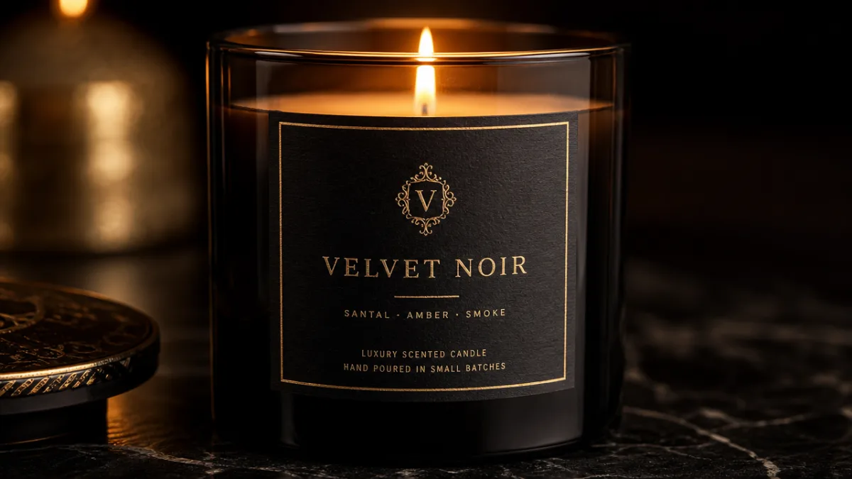 a close-up of a luxury candle jar with a branded label, candlelight…