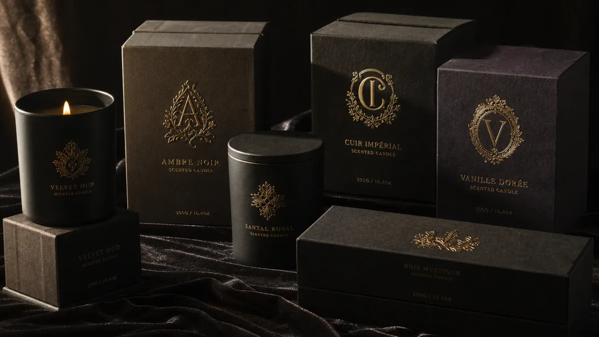 a collection of luxury candle packaging with embossed gold logos arranged on…